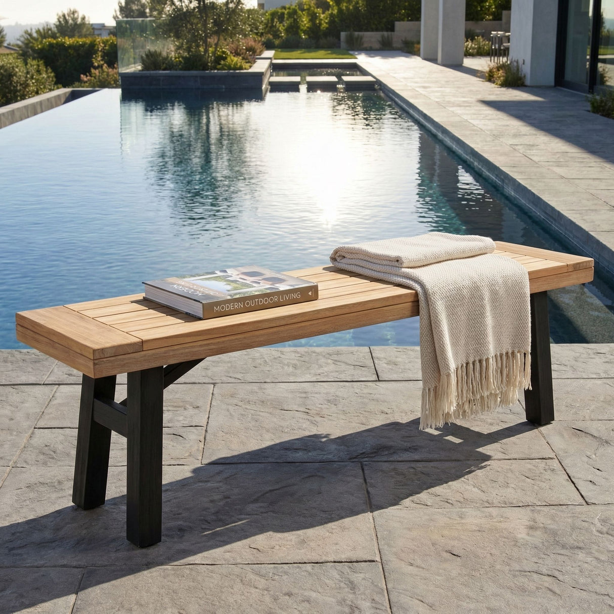 Outdoor Bench With Slat Panel Design And Acacia Wood Frame