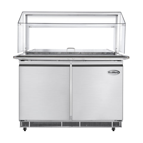 48 in. Commercial Refrigerated Prep Station with Sneeze Guard and Buffet Slide, 9-Pan Capacity (Not Included) with Covers and Two Adjustable Shelves in Stainless-Steel, ETL Listed (KM-RBT-48CSFG)