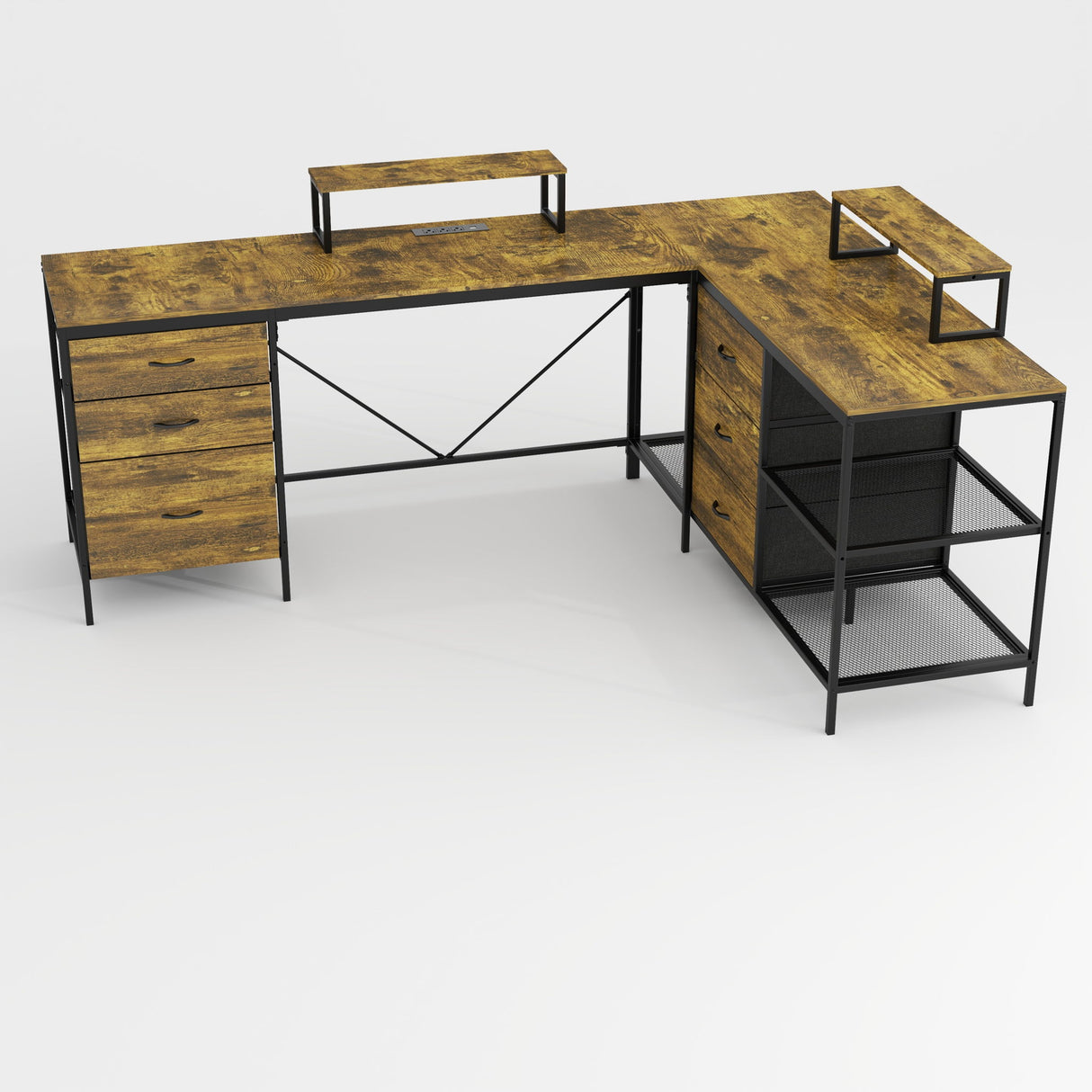 Industrial L Shaped Computer Desk With Power Outlets & USB-C, 6 Fabric Drawers, 3 Open Shelves, Movable Monitor Stands - Brown