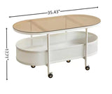 Movable Oval Metal Glass Coffee Table With Storage - White