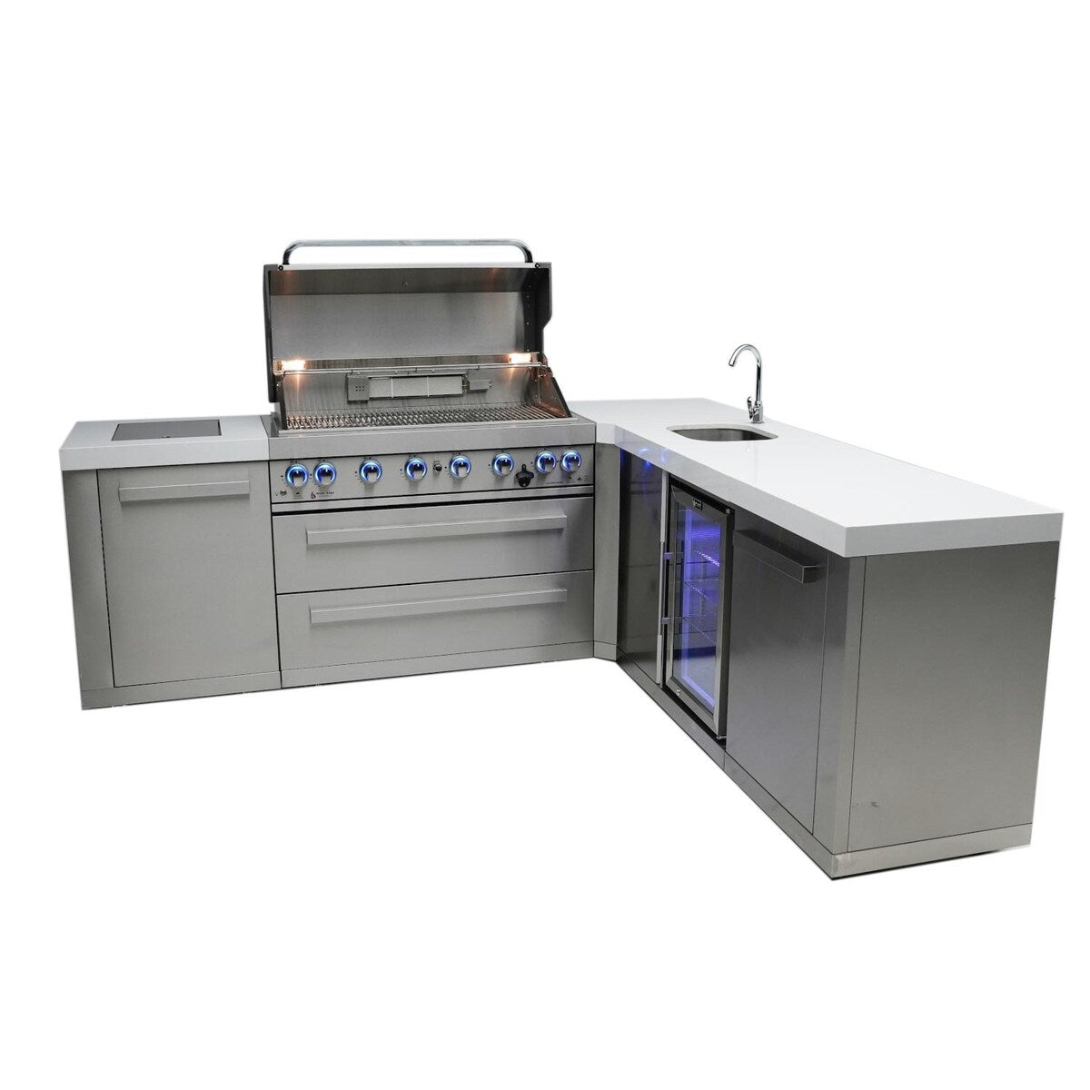Mont Alpi Original Series 8 Ft L-Shaped Propane Outdoor Kitchen Island w/ Side Burner & Beverage Center - MAi805-90BEV