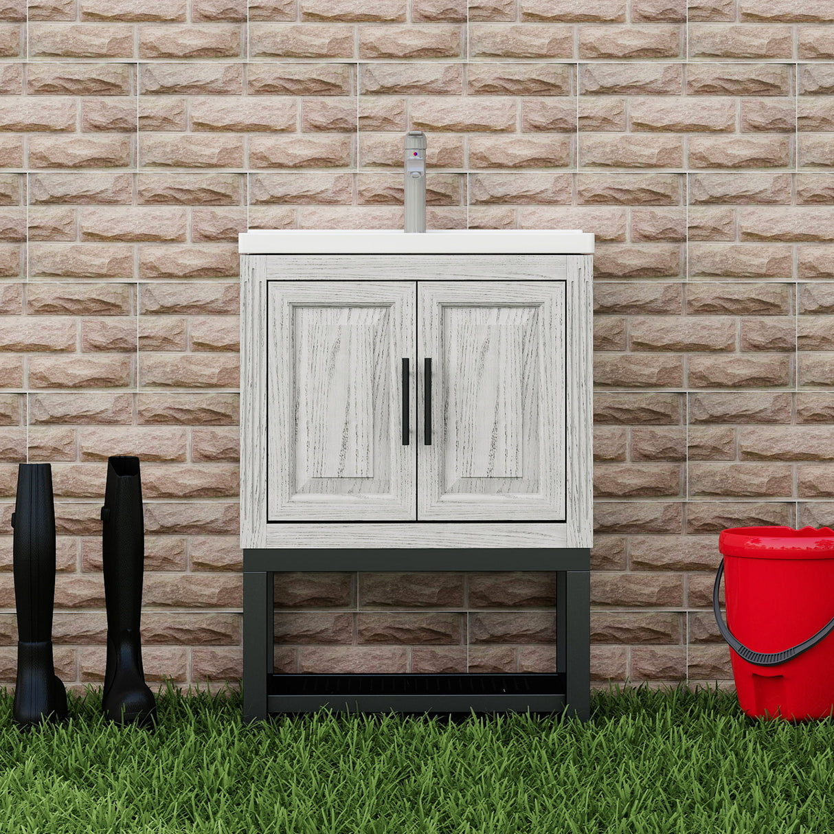 Modern Freestanding Bathroom Vanity With Ceramic Sink, Hot And Cold Faucet, Storage Cabinet & Open Shelf