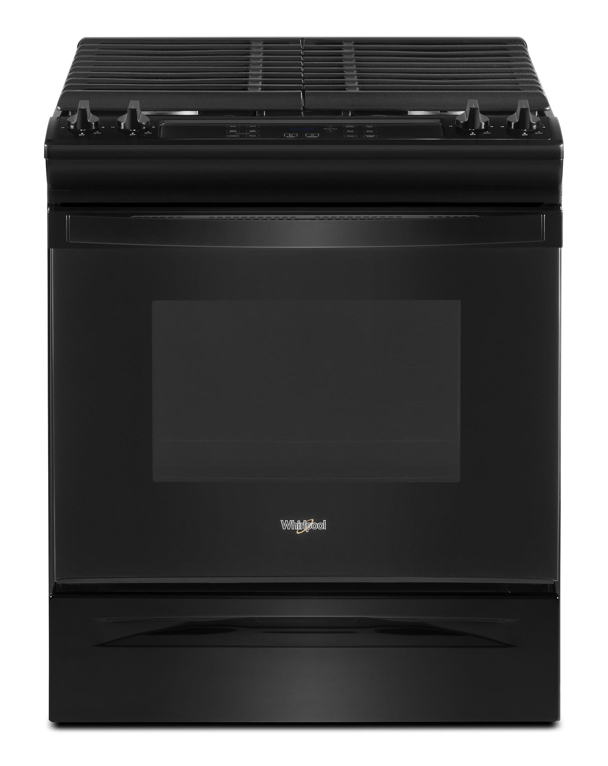 Whirlpool WEG515S0LB black gas range front