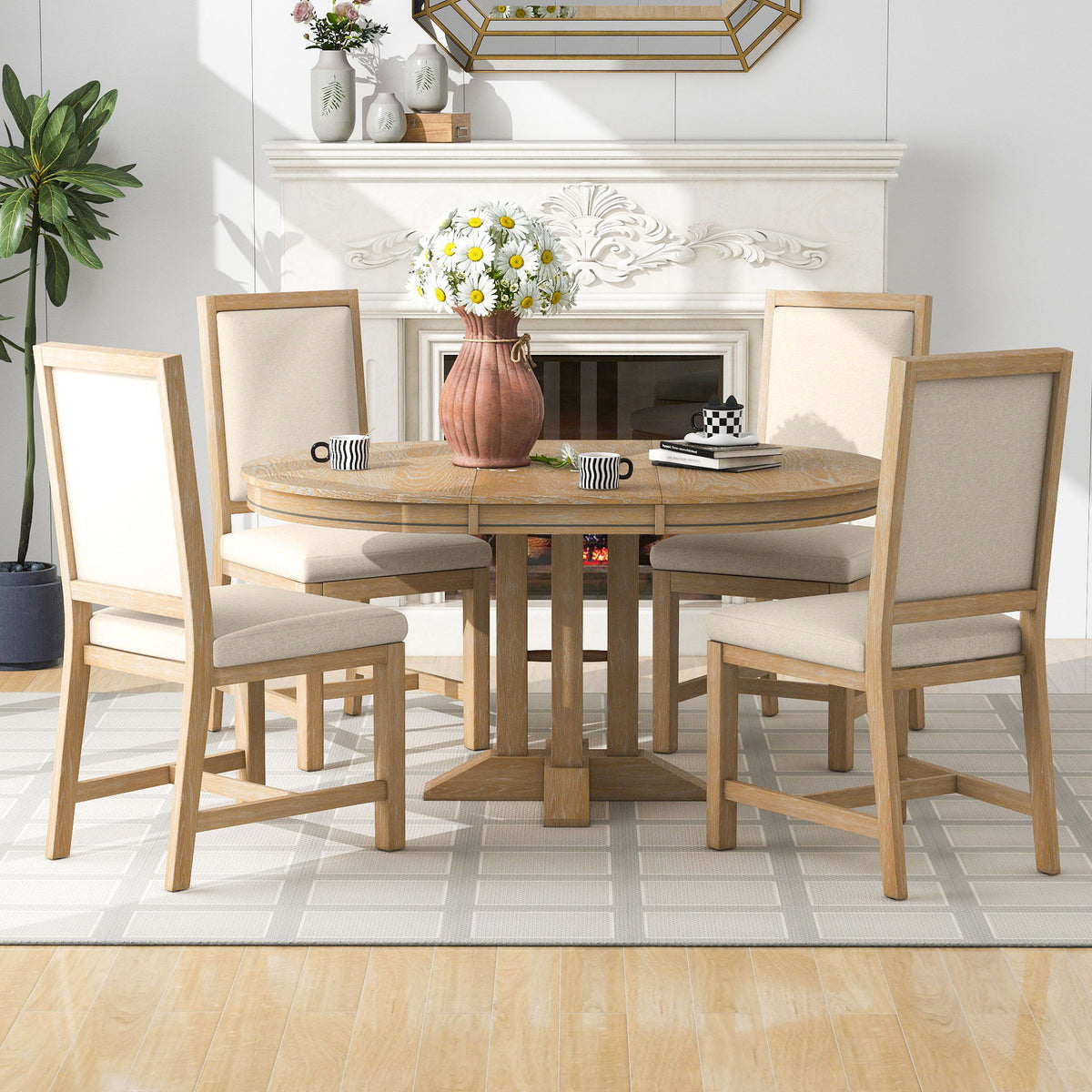 Dining Set & Extendable Round Table And 4 Upholstered Chairs