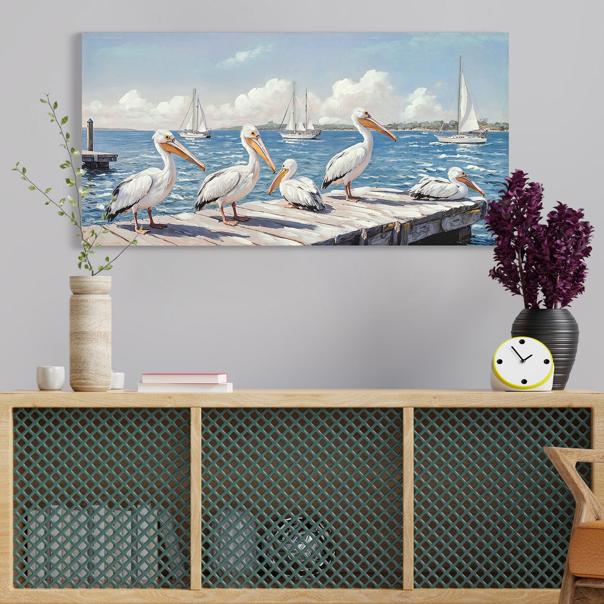 Beach Wall Art Large Ocean Seagull Canvas Pictures For Living Room - Ivory / Navy