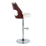 Cecina - Mid-Century Modern Adjustable Swivel Barstool (Set of 2) - Chrome Metal, Cherry Wood, And White Faux Leather With Rounded T Footrest