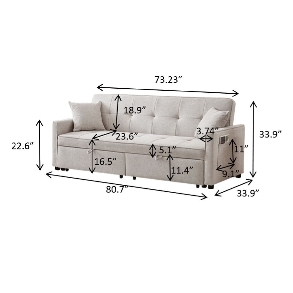 3 In 1 Convertible Sleeper Sofa Bed, Reclining Backrest, Pillows, Pockets