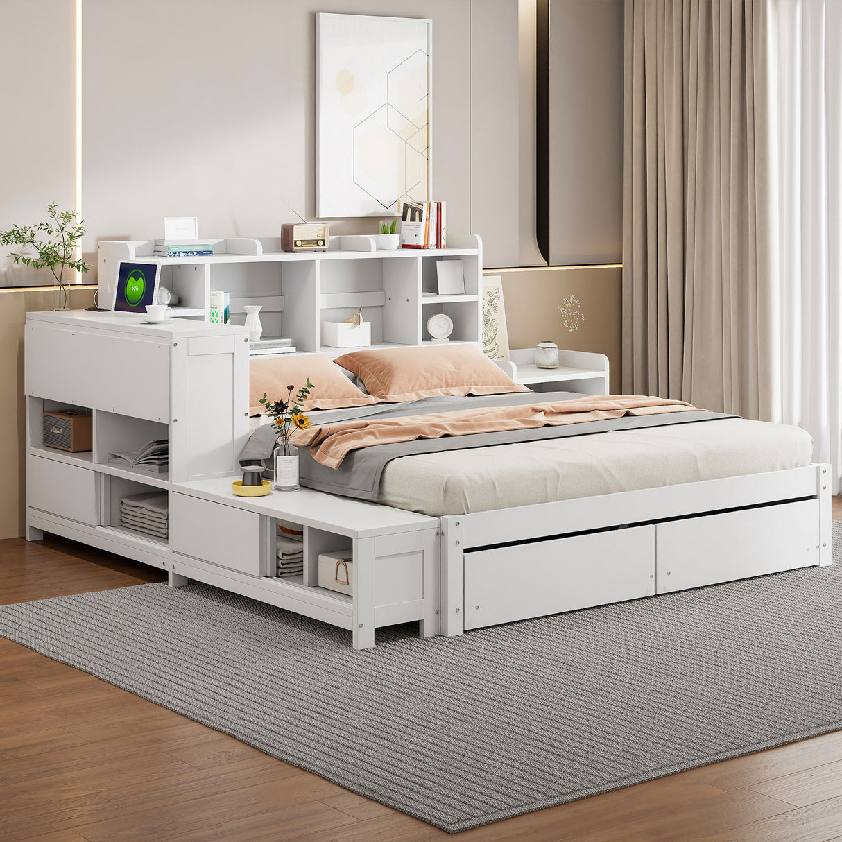 Platform Bed With Multi Functional Storage Space, Nightstand, 2 Drawers, USB Ports And Desk