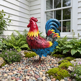 Wrought Rooster Garden Statue, Rooster Sculpture - Blue / Red / Brown