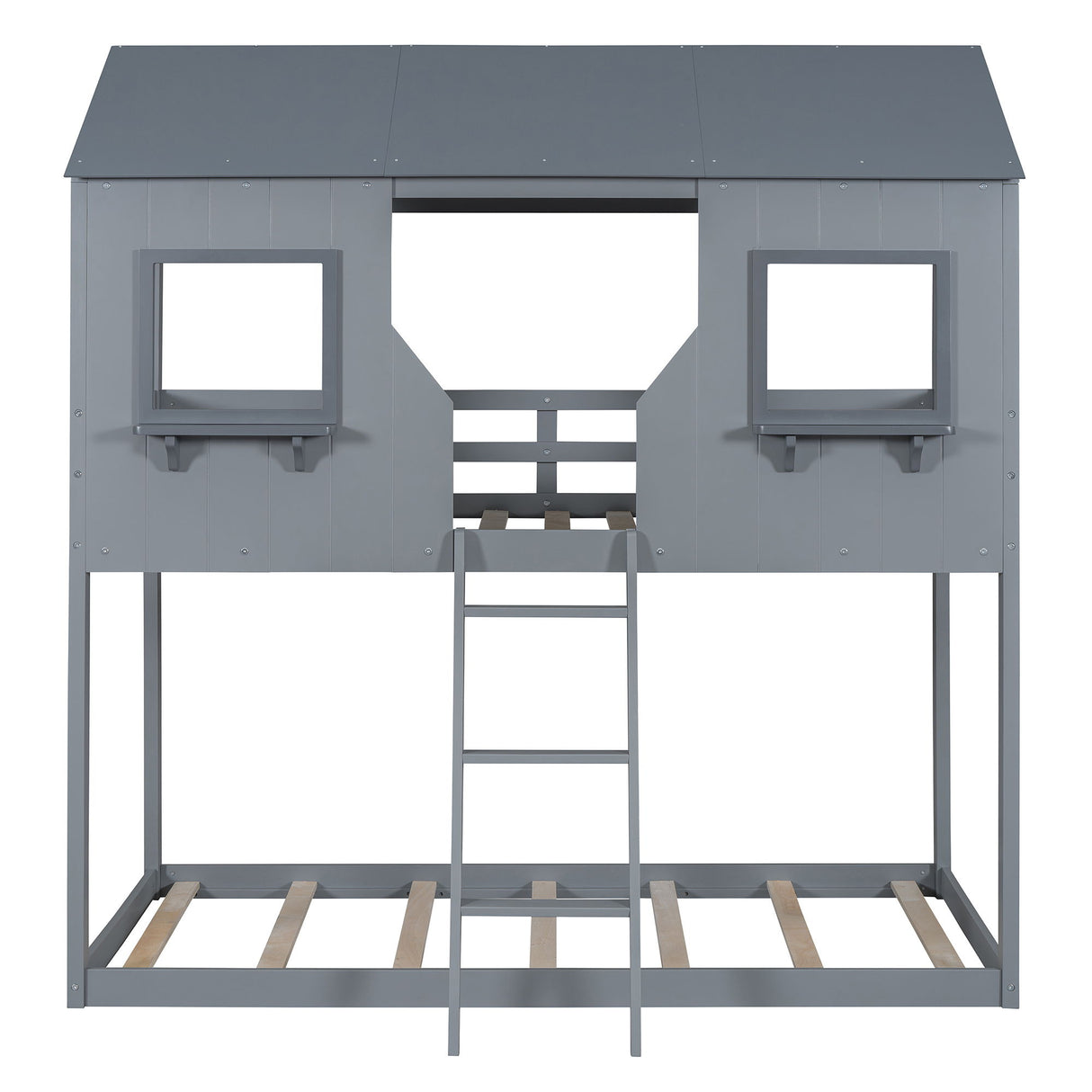 Twin Over Twin Bunk Bed With Roof, Window, Guardrail, Ladder
