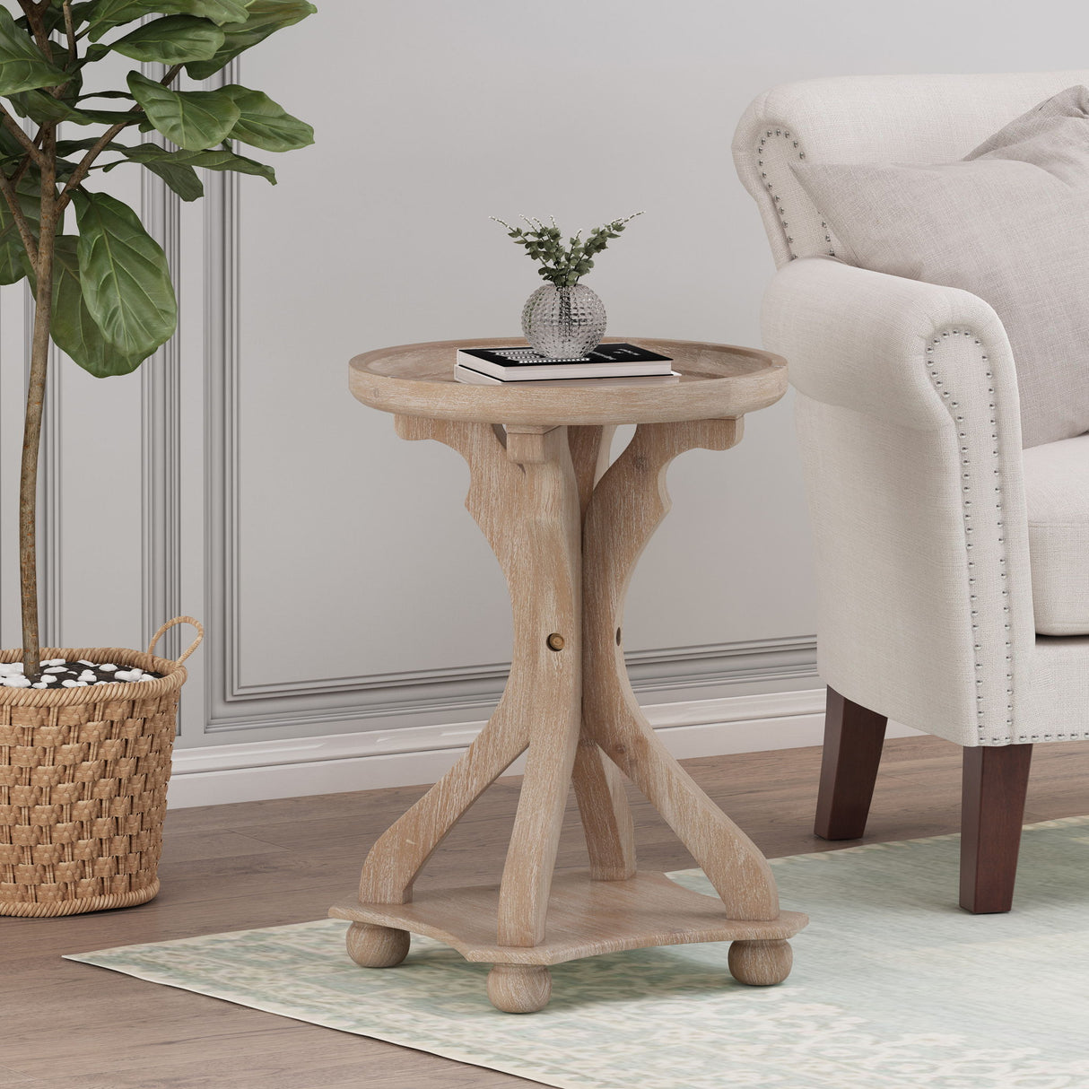 Rustic French Country Accent Table With Hourglass Firwood Base And Lipped Top