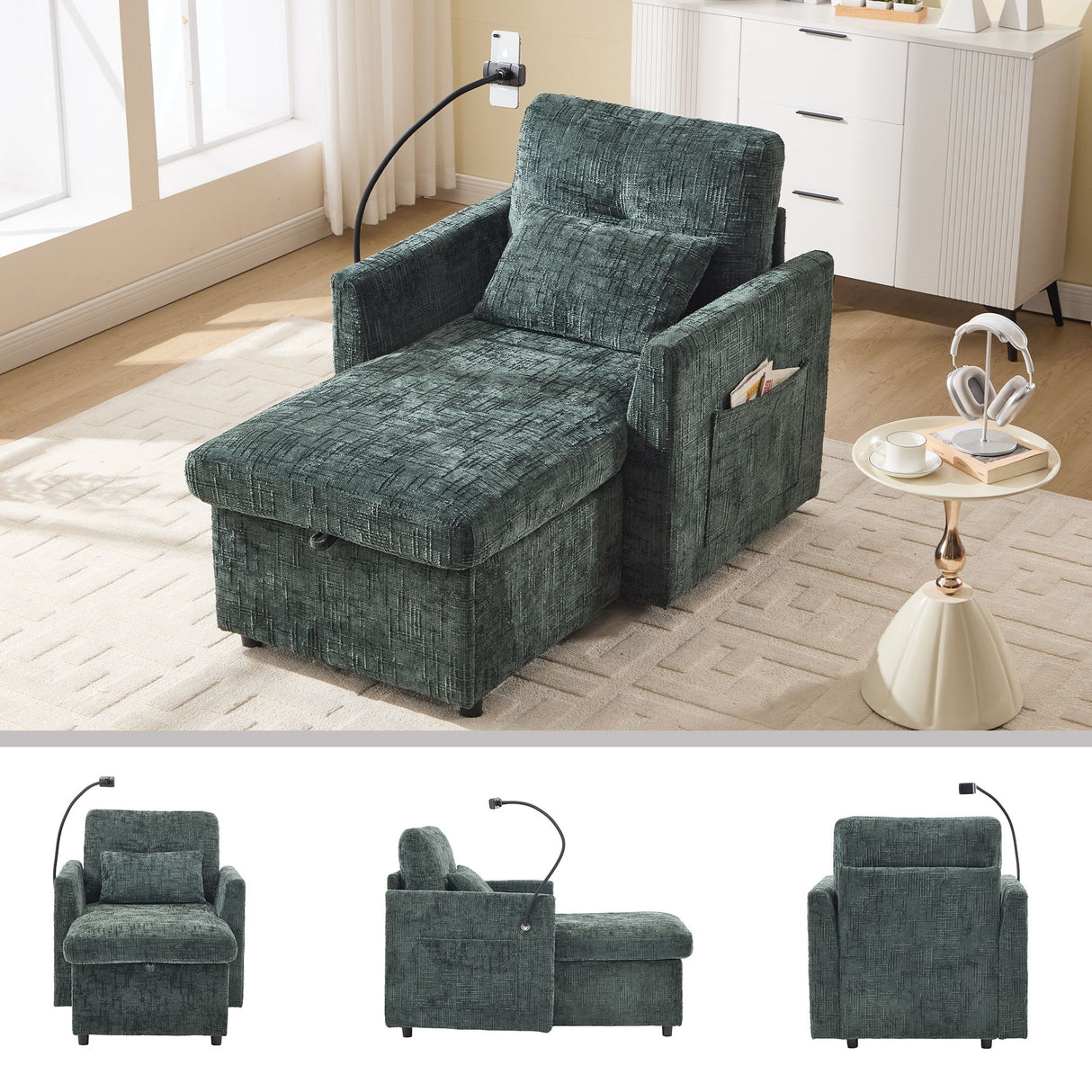 Multifunctional Chenille Recliner Sofa With Storage And Phone Bracket