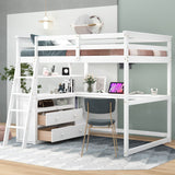 Modern Loft Bed With Built In Desk, Shelves, And 2 Drawers