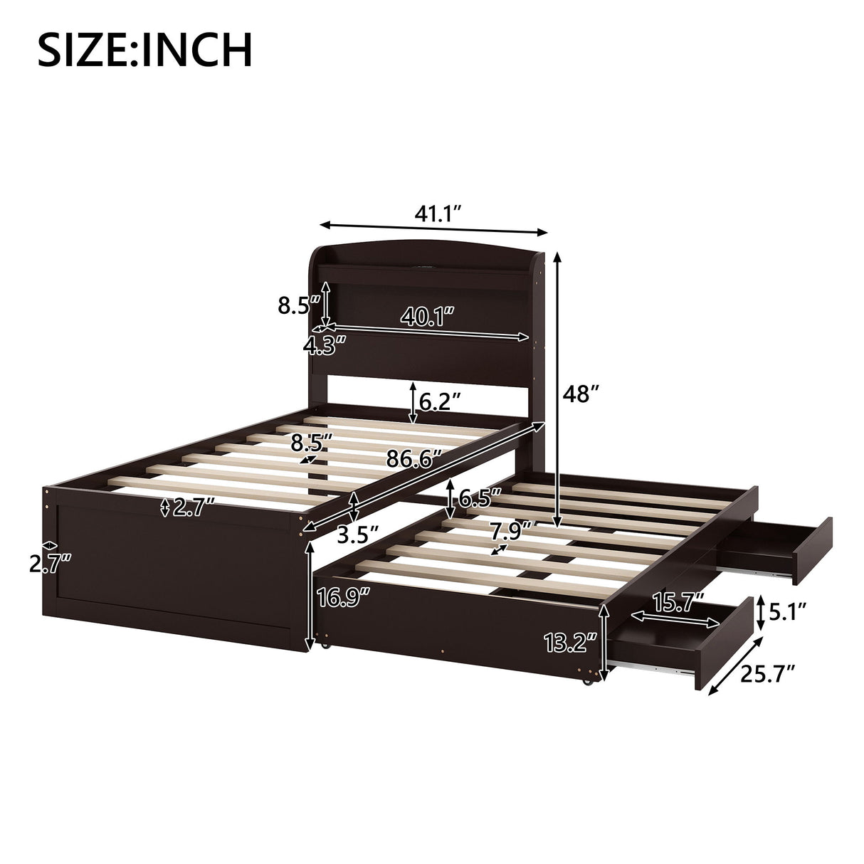 Platform Bed With LED Headboard, Charging Station, Trundle And 2 Drawers