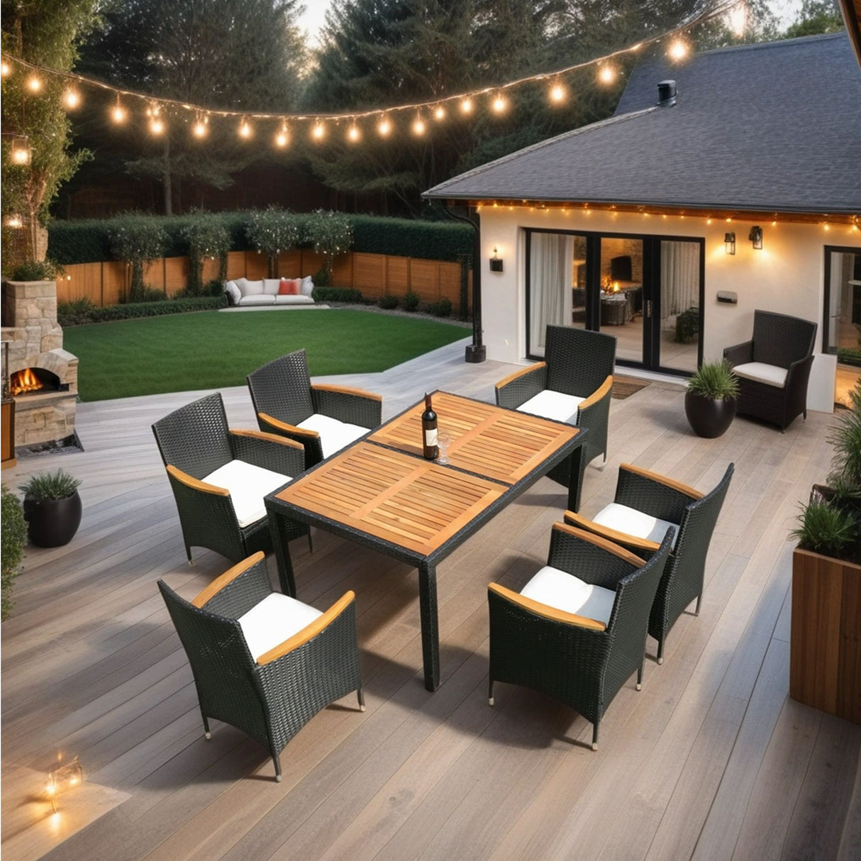 Outdoor Patio Wicker Dining Set With Acacia Wood Top