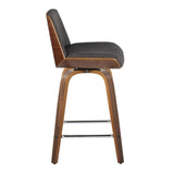 Corazza - Mid-Century Modern Fixed-Height Swivel Counter Stool (Set of 2) - Walnut Wood / Charcoal Fabric With Square Chrome Metal Footrest