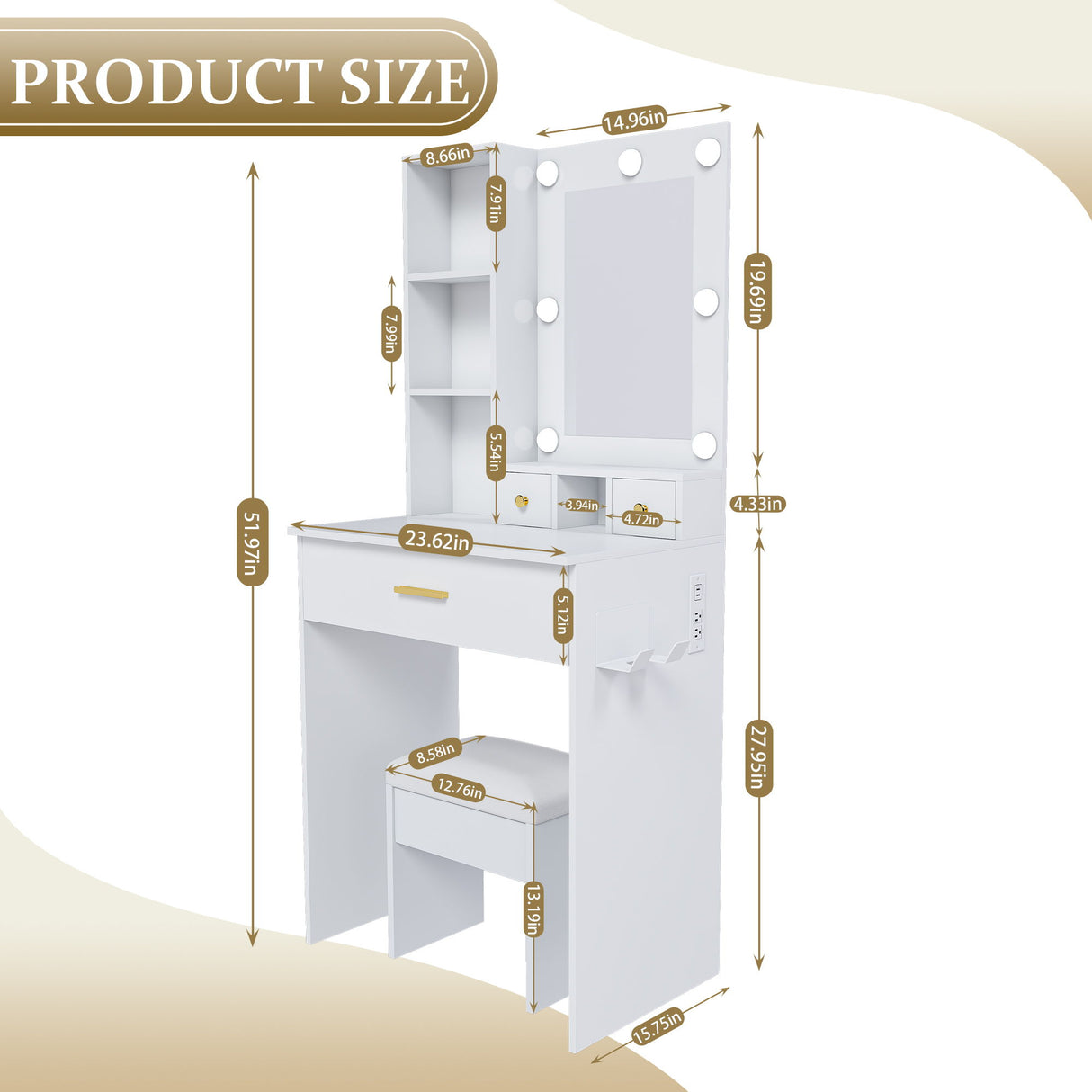 Vanity Table With Mirror, Adjustable LED Lights, Power Outlet, Hairdryer Holder & Stool