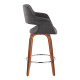 Vintage Flair - Mid-Century Modern Fixed-Height Swivel Counter Stool (Set of 2) - Walnut Wood And Charcoal Fabric With Round Chrome Metal Footrest