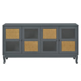 Retro Industrial 4 Door Sideboard With Large Storage, Rattan And Glass Doors