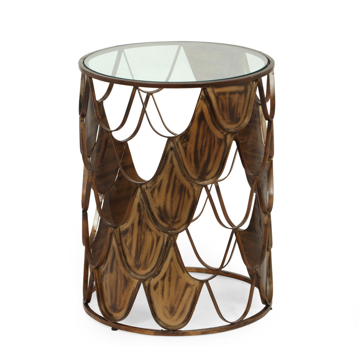 Boho Glam Pino Side Table With Fish Scale Design Tempered Glass Top - Brown