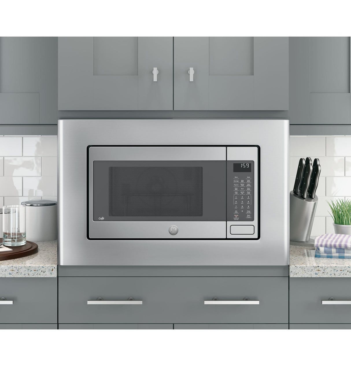 GE JX9152SJSS 27 inch built-in microwave trim kit angled view