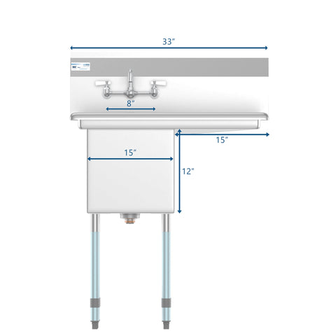 33 in. One Compartment Stainless Steel Commercial Sink with Drainboard, Bowl Size 15"x 15"x 12" SA151512-15R3FA.
