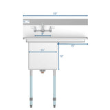 33 in. One Compartment Stainless Steel Commercial Sink with Drainboard, Bowl Size 15"x 15"x 12" SA151512-15R3FA.