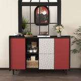 Modern Sideboard Buffet Cabinet With Red Doors And Unique Panel Styling