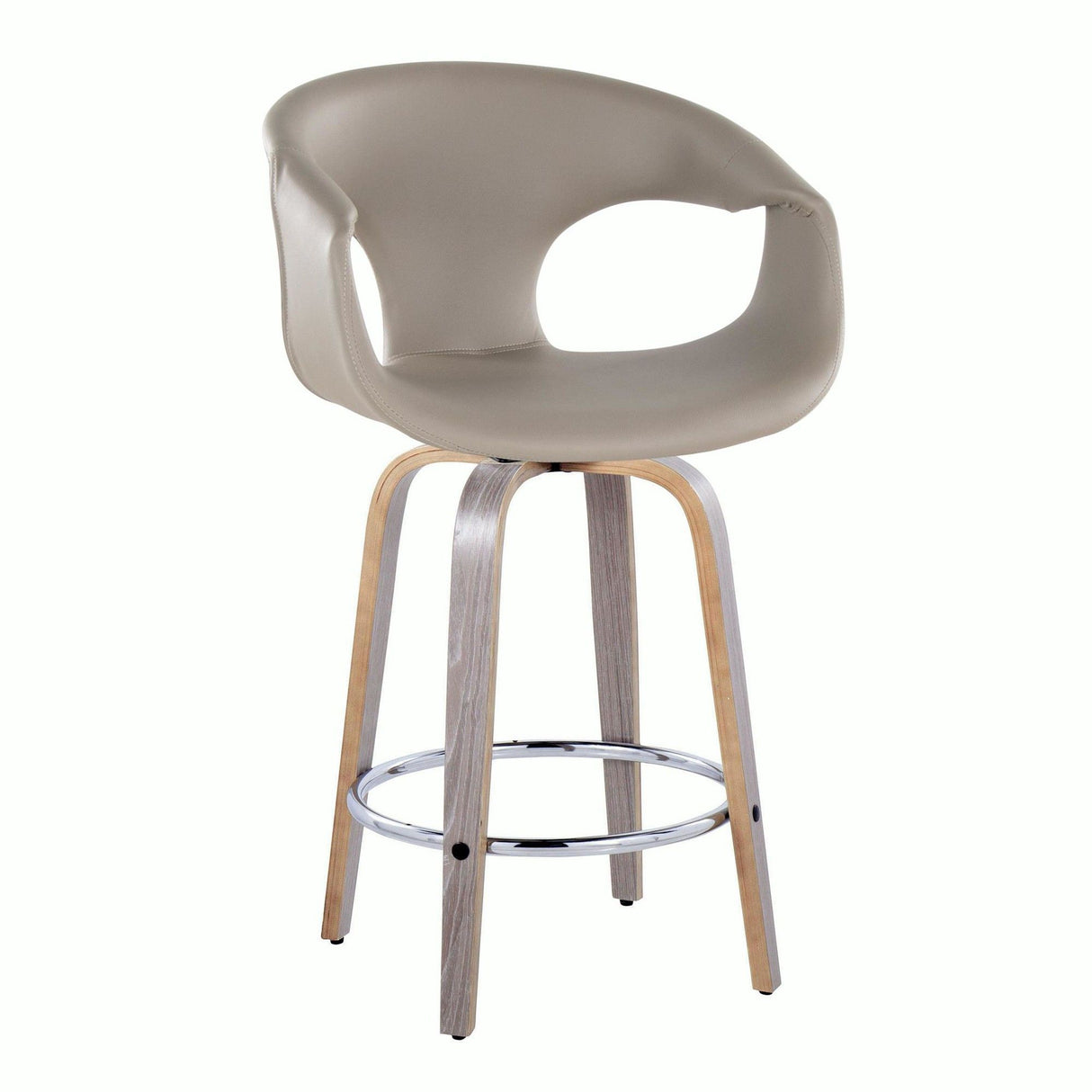 Curvo - 26" Fixed-Height Counter Stool With Swivel And Round Chrome Metal Footrest (Set of 2) - Light Gray Wood And Light Gray Faux Leather