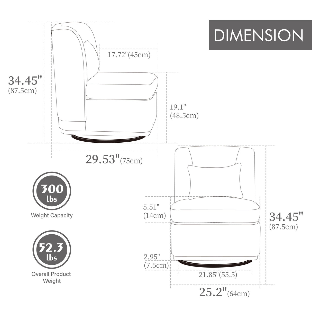 Wide Modern Chenille Cushioned Armless Metal Base 360° Swivel Chair With Pillow
