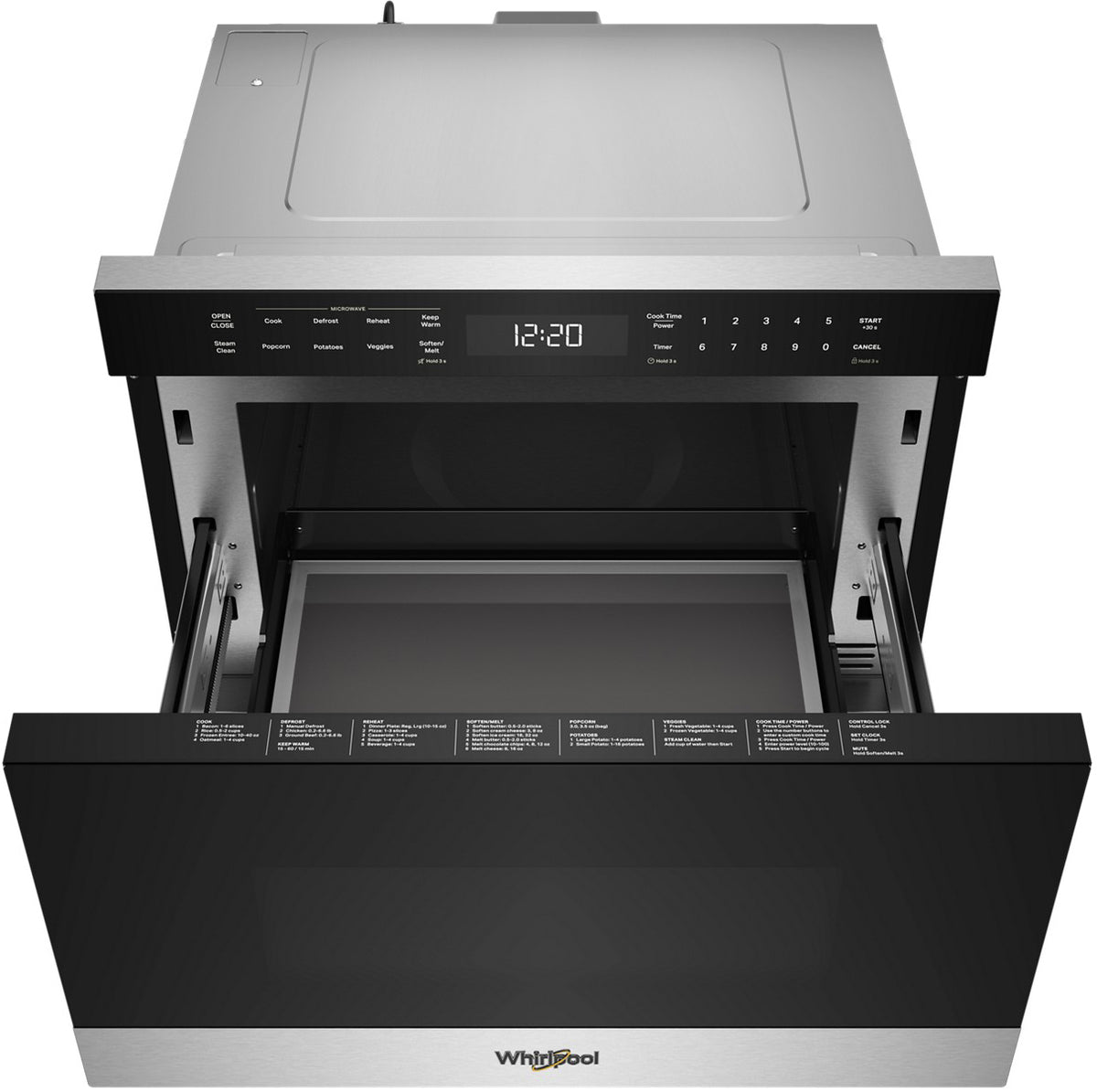 Whirlpool WMBD5024TS microwave drawer open showing flat interior