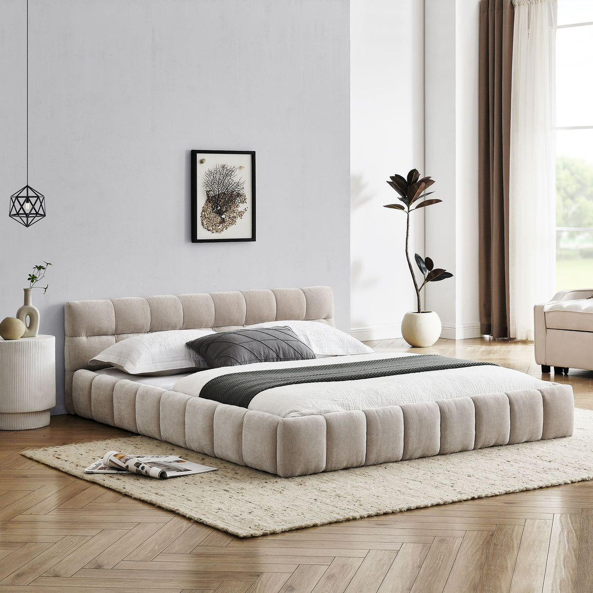 Modern Platform Bed Frame With Thick Chenille Fabric