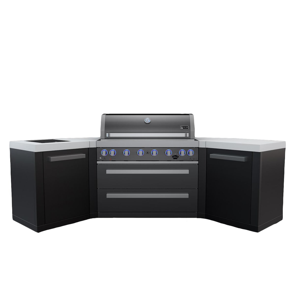 Mont Alpi Black Series 8 Ft U-Shaped Natural Gas Outdoor Kitchen Island w/ Side Burner & Fridge - MAi805-BSS45C