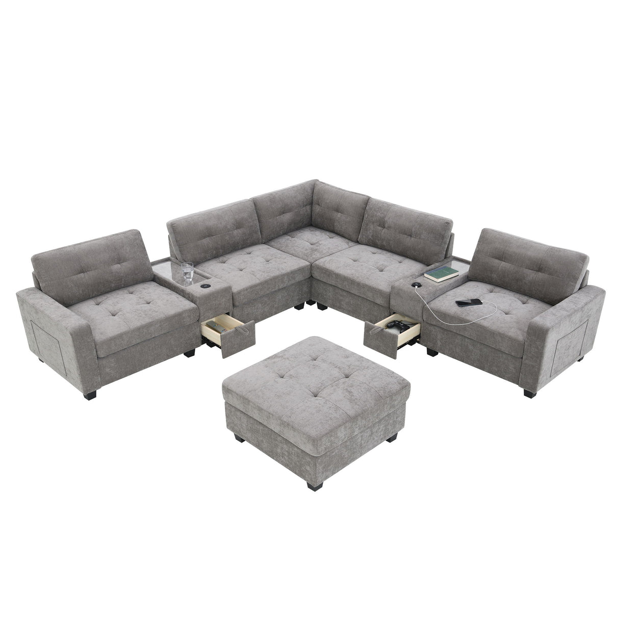 Sectional With Acrylic Table Top U Shaped Couch Set With 2 Consoles USB Charger, Storage Drawers And Pockets Movable Ottoman Tufted Sofa