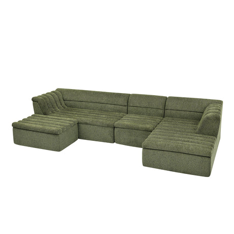 U-Shaped Modular Sectional Sofa With Chaise And Movable Ottoman With Wave-Shaped Armrest