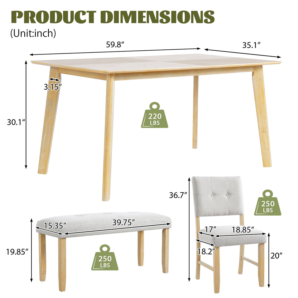 Rustic Farmhouse Dining Room Rectangular Table With 4 Upholstered Chairs And Bench