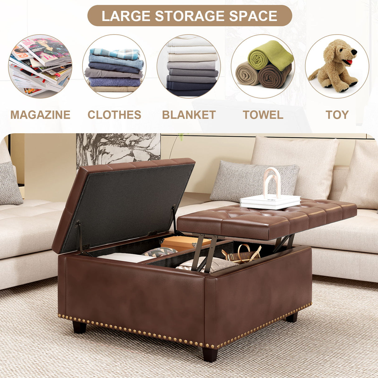 Large Square Storage Ottoman With 2 Storage Doors