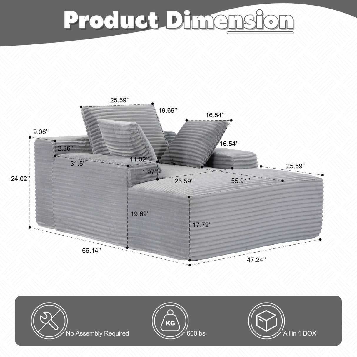 Oversized Chaise Lounge Chair Cozy Cloud Couch With 3 Throw Pillows And Wide Armrest