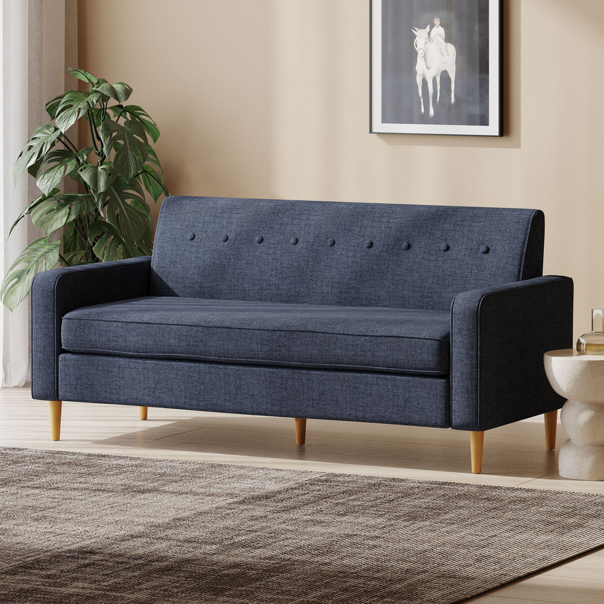 Mid Century Modern 3 Seater Sofa With Button Tufting - Dark Blue