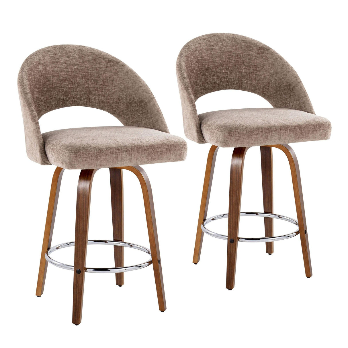 Renee - Upholstered Fixed-Height Barstool (Set of 2) - Walnut Wood, Chrome Metal
