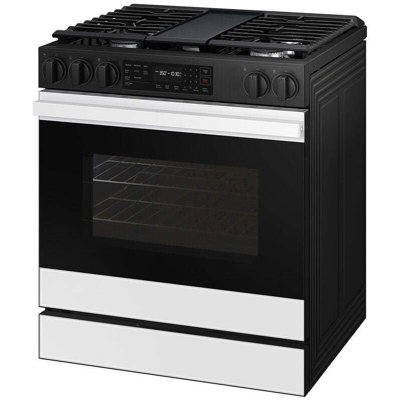 Samsung NSG6DB830012 Bespoke 30 in. 6 cu. ft. Smart Air Fry True European Convection Slide-In Gas Range with 5 Sealed Burners & Griddle - White Glass