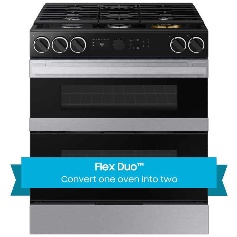 Samsung NSY6DG8550SR Bespoke 30 in. 6.1 cu. ft. Smart Air Fry True European Convection Double Oven Slide-In Dual Fuel Range with 5 Sealed Burners & Griddle - Stainless Steel