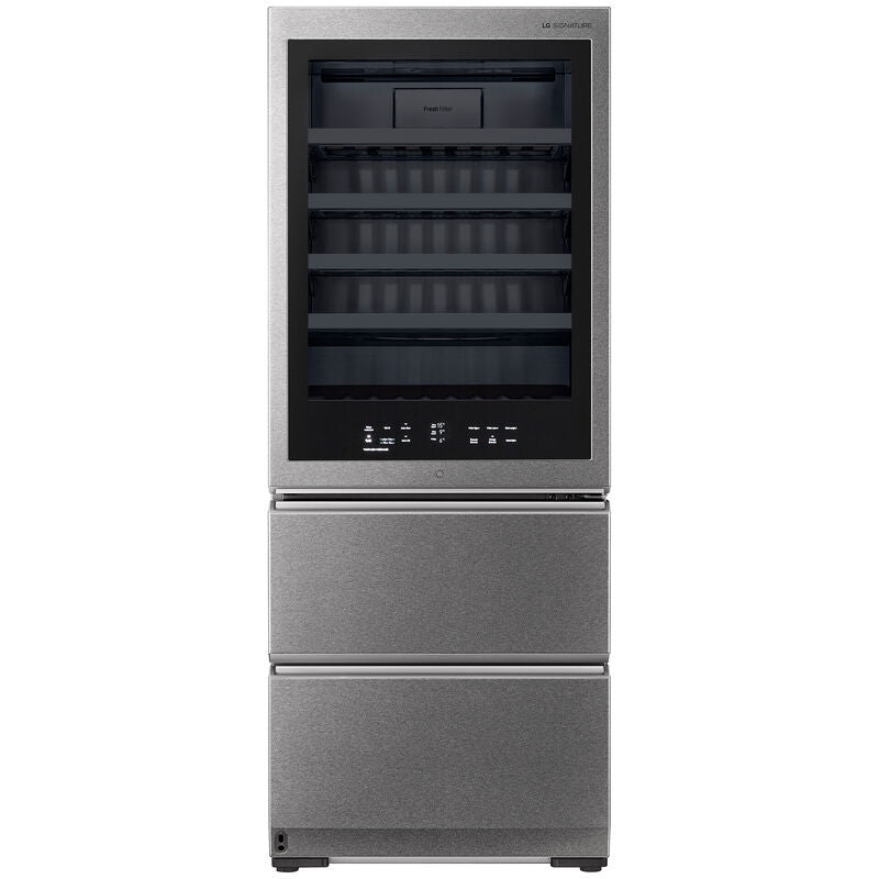 LG URETC1408N Signature InstaView 28 in. Freestanding Smart Wine Cooler with 2 Freezer Drawers, Multi-Zone & 65 Bottle Capacity - Textured Steel