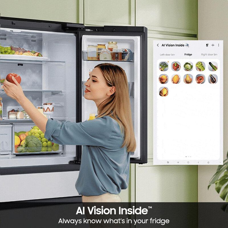 Samsung RF90F23AEW Bespoke 36 in. 22.5 cu. ft. Smart Counter Depth 4-Door French Door Refrigerator with AI Family Hub+, Beverage Center & Internal Water AutoFill Pitcher - White Glass