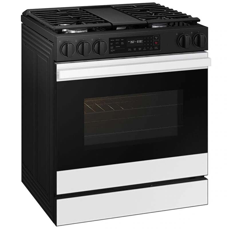 Samsung NSG6DB830012 Bespoke 30 in. 6 cu. ft. Smart Air Fry True European Convection Slide-In Gas Range with 5 Sealed Burners & Griddle - White Glass