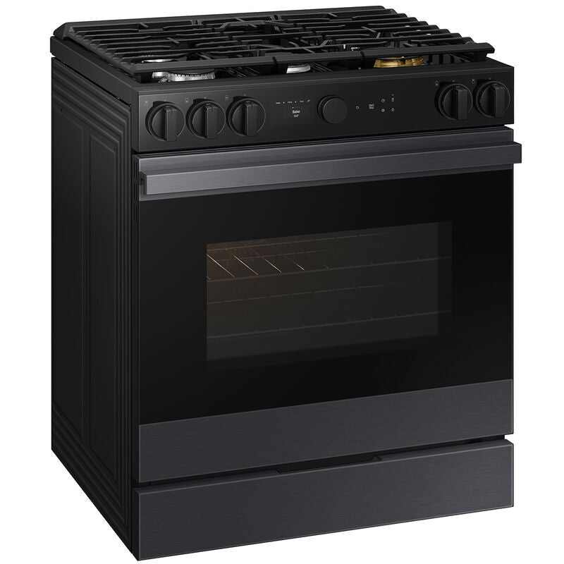 Samsung NSG6DG8500MT Bespoke 30 in. 6 cu. ft. Smart Air Fry True European Convection Slide-In Gas Range with 5 Sealed Burners & Griddle - Matte Black Steel