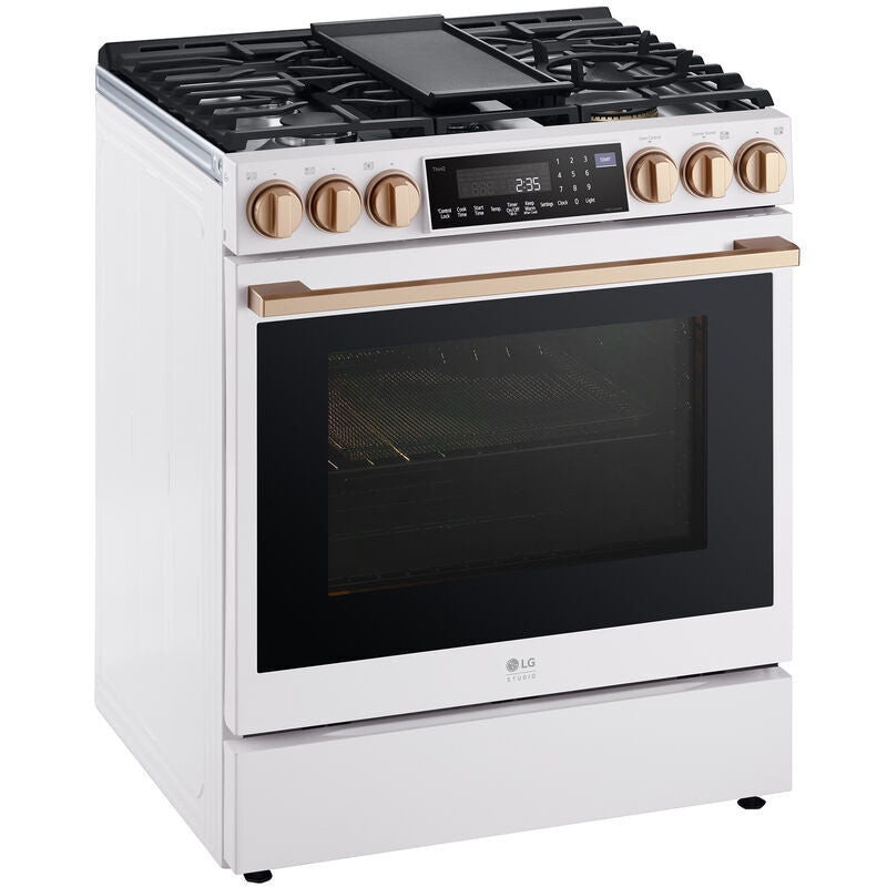 LG LSGS6338N Studio 30 in. 6.3 cu. ft. Smart Air Fry True European Convection Slide-In Gas Range with 5 Sealed Burners & Griddle - Essence White