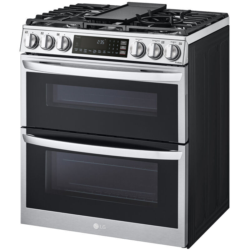 LG LTGL6937F 30 in. 6.9 cu. ft. Smart Air Fry True European Convection Double Oven Slide-In Gas Range with 5 Sealed Burners & Griddle - PrintProof Stainless Steel