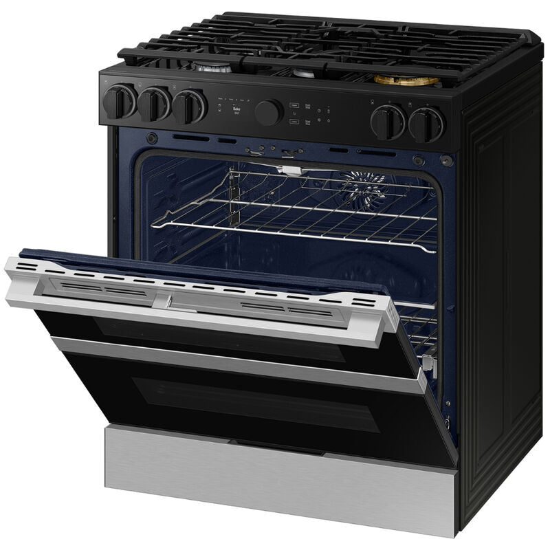 Samsung NSG6DG8550SR Bespoke 30 in. 6 cu. ft. Smart Air Fry True European Convection Double Oven Slide-In Gas Range with 5 Sealed Burners & Griddle - Stainless Steel