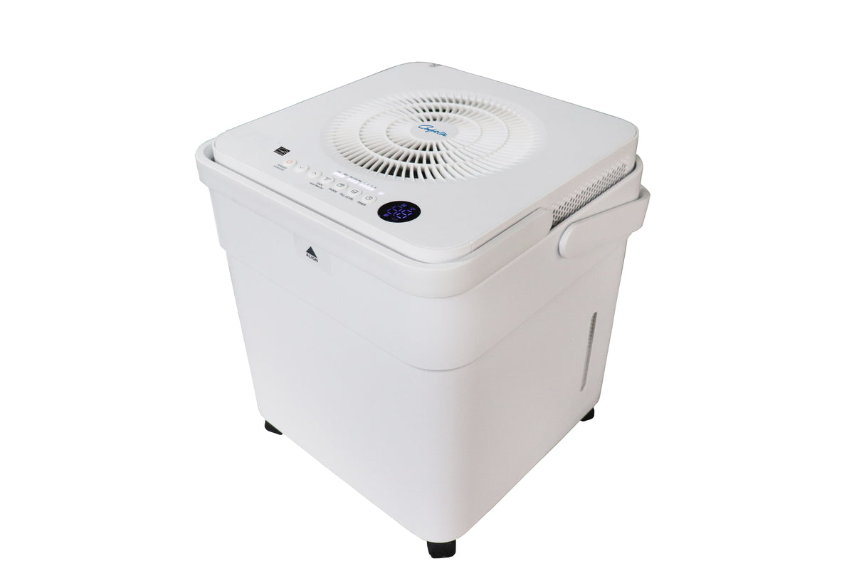Comfort-Aire cube dehumidifier showing wheels and top-mounted controls